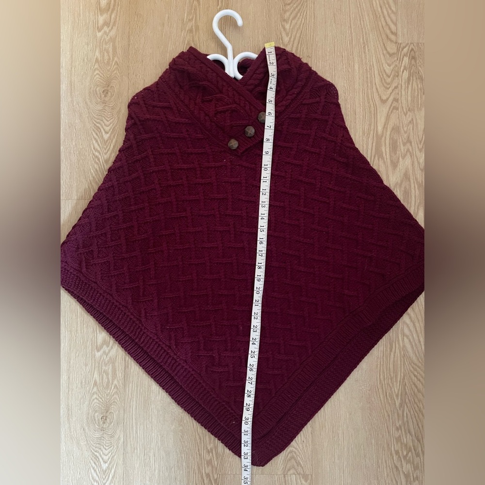 Quiet Luxury Aran Mor Merino Wool Poncho S Burgundy Cable Knit - Picture 7 of 13